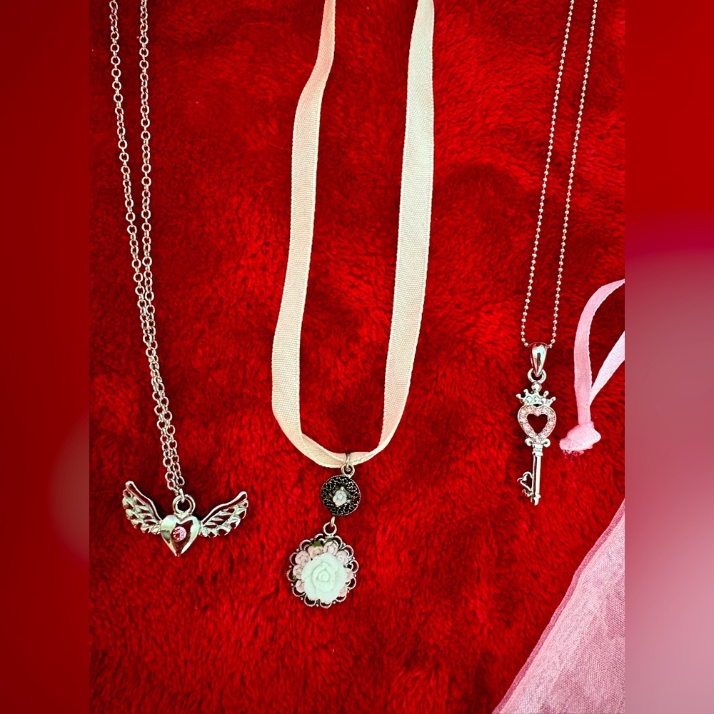 Cookie Lee Little Girl Slvr/Pink Ribbon Necklaces Valentines Gifts, Bundle of 3